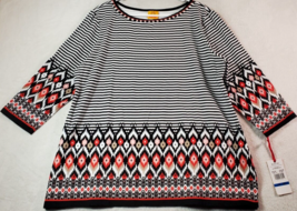 Ruby Rd. Blouse Top Womens XL Black White Striped Cotton Long Sleeve Round Neck - £12.98 GBP