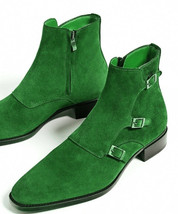 Men High Ankle Green Color Triple Buckle Straps Monk Suede Leather Boots US 7-16 - $156.79