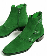 Men High Ankle Green Color Triple Buckle Straps Monk Suede Leather Boots... - $2,962.72 MXN