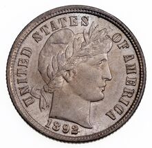 1892 10C Barber Dime in Choice BU Condition, Excellent Eye Appeal, Nice ... - $152.28