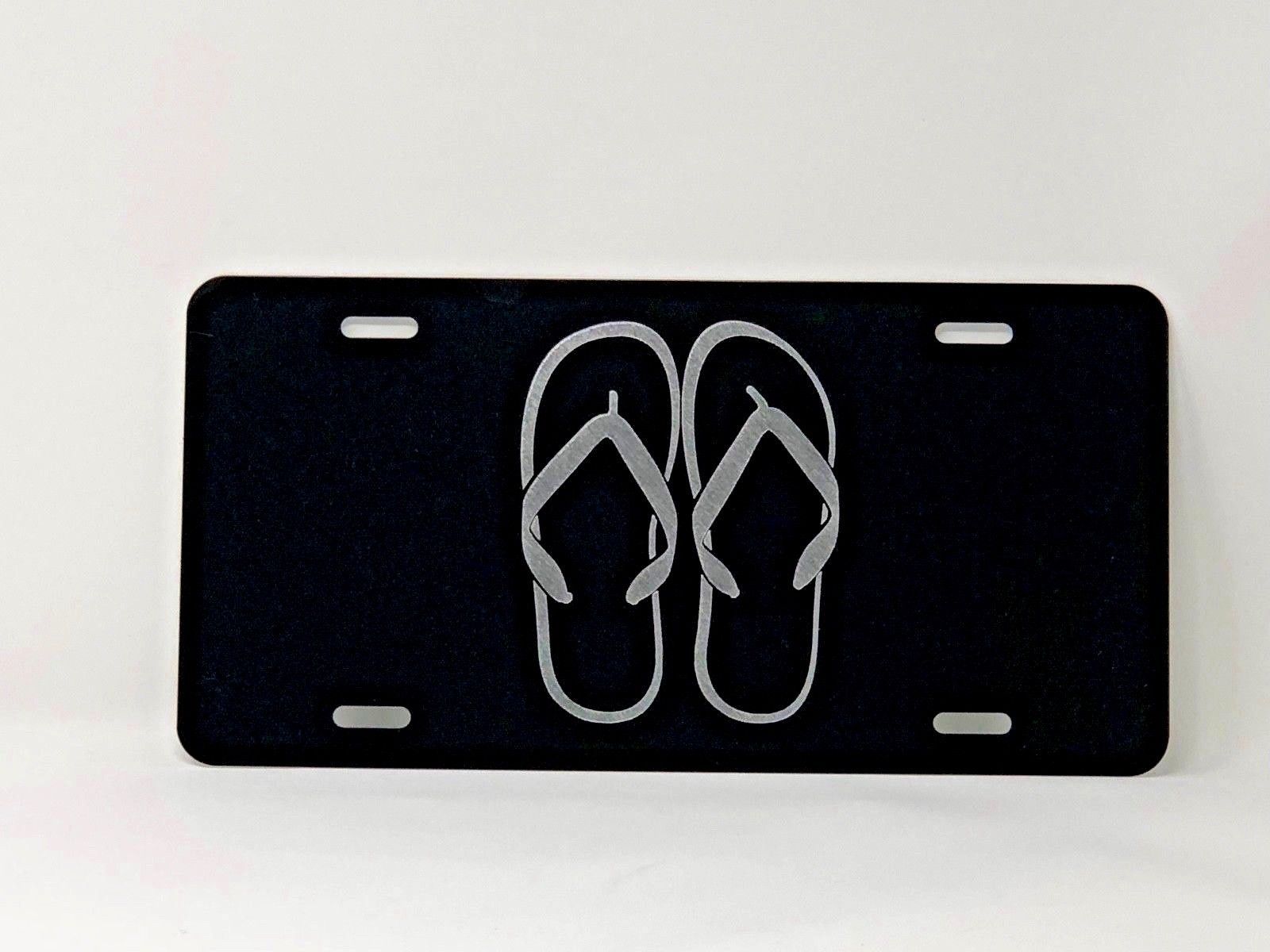 Flip Flops logo Car Tag Diamond Etched on Black Aluminum License Plate