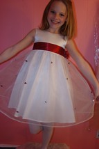 US Angels Flower Girl Dress White with Burgundy Sash  &amp; Flowers size 4T  #801 - £79.52 GBP