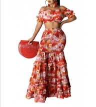 Multi Red Vacation Maxi Skirt &amp; Cropped Top Set - £35.96 GBP