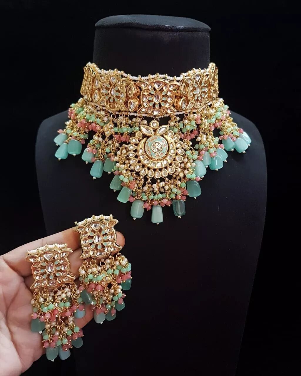 Primary image for Indien Plaqué Or Bollywood Style Kundan Collier Ras Du Cou Earrings Jewelry Lot
