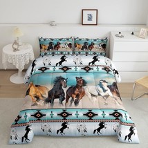 Horses Comforter Set Teal Southwestern Native Aztec Bedding Set,Farmhouse Wildli - £71.17 GBP