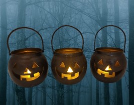 3 Hosley Halloween Metal Bronze Jack O Lantern Pumpkin Candle Tlight Holders USA - £18.97 GBP