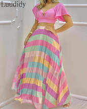Solid Color V-neck Short Sleeve Top &amp; Colorful Maxi Skirt 2 Piece Sets - $58.95