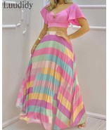 Solid Color V-neck Short Sleeve Top &amp; Colorful Maxi Skirt 2 Piece Sets - £46.37 GBP