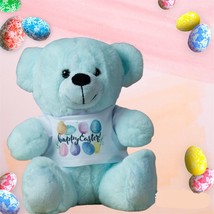 Happy Easter Plush Stuffed Animal Teddy Bear Egg T-Shirt Toy Blue Pastel Bow 9&quot; - £16.43 GBP