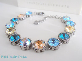 Turquoise Blue Multicolor Filigree Bracelet w/ Swarovski Crystals / Art Deco Pla - £43.00 GBP