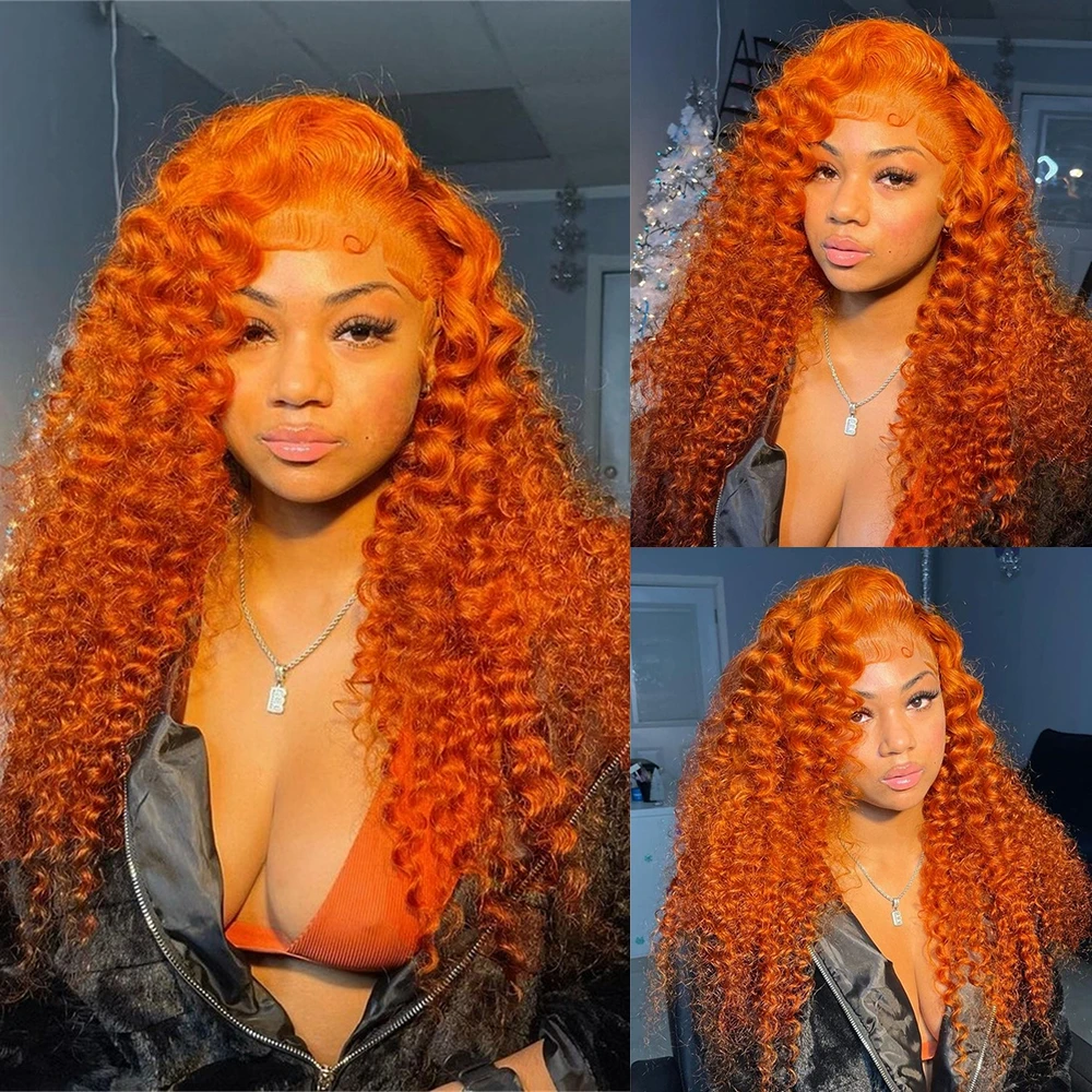 Ginger Orange Deep Wave Lace Frontal Wig Transparent 13x6 Hd Lace Front Hum - £74.87 GBP+
