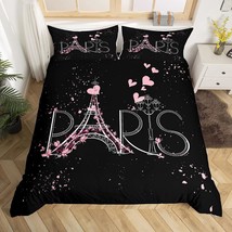 Paris Comforter Cover Set Queen Size Eiffel Tower Bedding Set Kids Girls Black A - £47.14 GBP