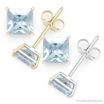 Princess Cut Simulated Aquamarine CZ Crystal .925 Sterling Silver Stud Earrings - £15.15 GBP+