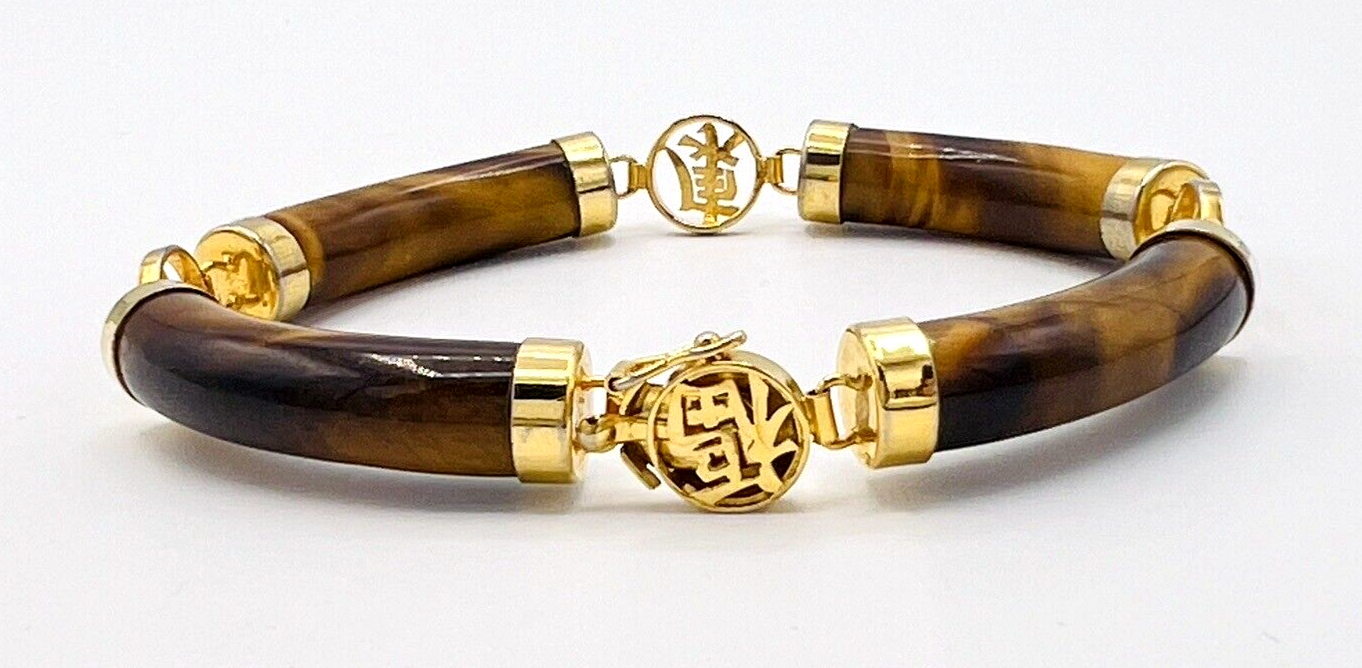 Primary image for Vintage Asian Chinese Tigers Eye Gold Plated Good Luck Bracelet