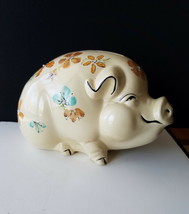 Pottery Piggy Bank Smiling Sitting Handpainted Blue Gold Floral Stopper Satin Gl - £27.42 GBP