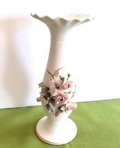 Lefton China Hand Painted Porcelain White Floral Vase Roses 6 1/2&quot; Tall - £5.44 GBP