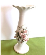 Lefton China Hand Painted Porcelain White Floral Vase Roses 6 1/2&quot; Tall - £5.43 GBP