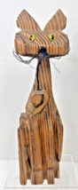 MCM 1950s Hand Carved Wood Cat w Mouse Dangle Wire Whiskers 14" Figurine - $39.11