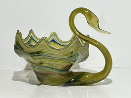 Vintage Hand Blown Glass Swan MCM Bowl Centerpiece Blue Green Swirl 11” - $28.04