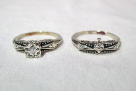 Vintage 14K White Gold Diamond Enameled Wedding Set Size 8 K1491 - £340.28 GBP