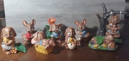 Ceramic Hand Painted Rabbit Family 8pc Easter Display Vintage 70s - £92.82 GBP