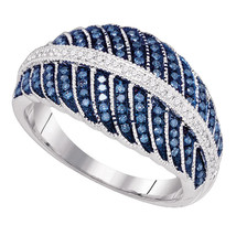 10k White Gold Womens Round Blue Color Enhanced Diamond Milgrain Cocktail Ring - $598.00