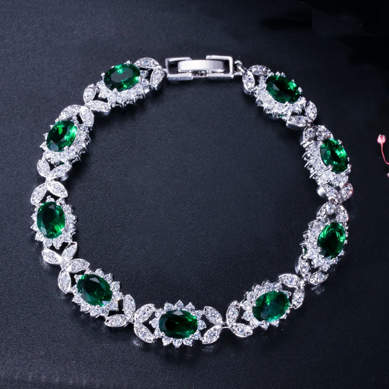Luxury Dark Green Crystal Women Jewelry Flower Chain Link Bracelet Bangle with W - £19.90 GBP