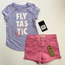 Nike Girls T-Shirt &amp; Levi&#39;s Shorty Shorts Set Outfit Purple Pink 4T NEW - £18.34 GBP