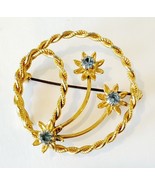 Art Nouveau Gold Tone Woven Floral Circle Brooch Blue Stones 1.5 Inches - £11.16 GBP