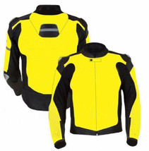 Men Black Yellow Cont Custom Motorcycle Leather Safety Pads jacket Speed Hump - £123.88 GBP