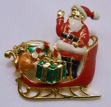 SANTA CLAUS Sleigh Toys Gifts Enamel BROOCH Pin Convertible to Pierced E... - £34.14 GBP