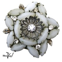 Vintage Milk Glass Star Shape Dome Pin Brooch w Prong Set Rhinestone 2&quot; -Hey Viv - £23.91 GBP