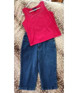 Karen Scott PXL Red Cotton Embellished Tank Top  &amp; Sz 16P Capri Jeans Ou... - £13.93 GBP