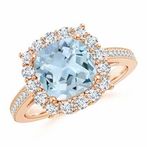 Authenticity Guarantee 
Cushion Aquamarine Cocktail Ring with Diamond Halo in... - £1,244.46 GBP