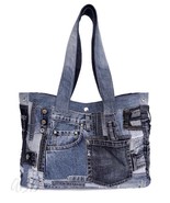 Recycled Denim Patchwork Tote Bag: Upcycled Jeans Shoulder Bag - $3,036.55 MXN