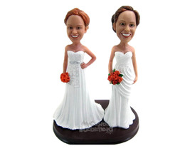 Custom Bobblehead Lesbian Same Sex Couple At Their Wedding Wearing Gowns With Bo - £119.52 GBP