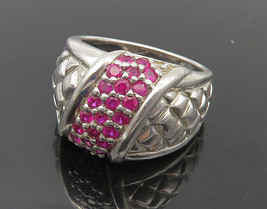 925 Sterling Silver - Ruby Cluster Shiny Quilted Detail Band Ring Sz 8 - RG17468 - £47.54 GBP