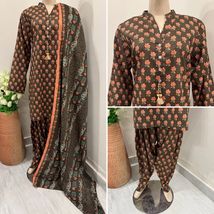 Pakistani Brown Printed Straight Shirt 3-PCS Lawn Suit  ,XL - $54.45