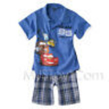 NWT DISNEY Cars Lightning McQueen 2 Piece Blue Short Outfit Embroidered Printed - £21.38 GBP