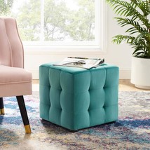 Modway Teal Performance Velvet Ottoman With Tufted Buttons In A Cube Shape. - £64.20 GBP