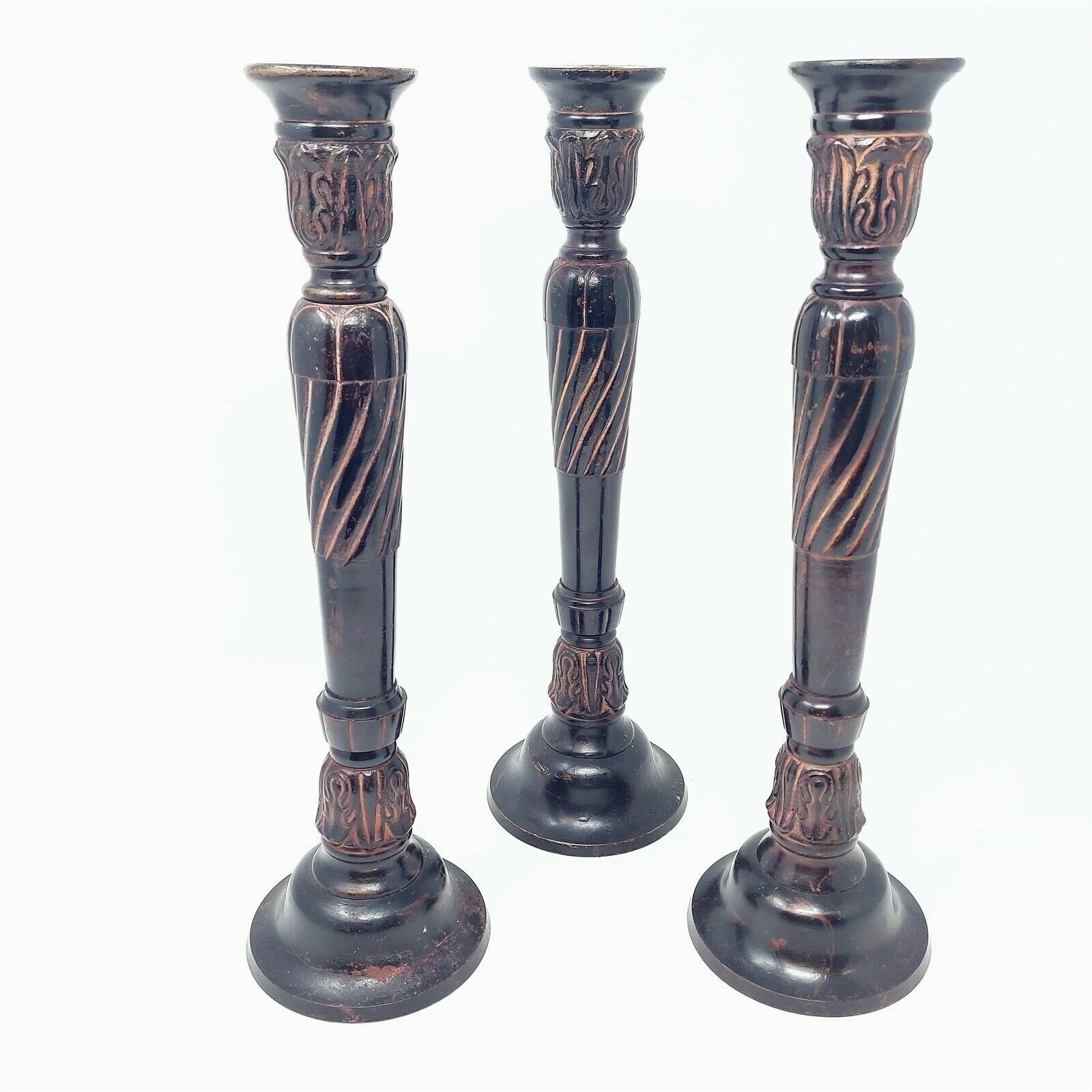 Candlestick Holder Distressed Metal Dark Chocolate Swirl Column Set of 3  - $45.49