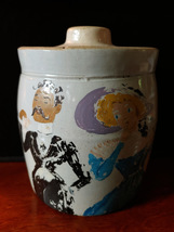 Old Crock with lid Hand Painted with a Victorian Couple  - $35.00