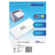 Unistat Laser/Inkjet/Copier Label 100pk - 8/sheet - £45.32 GBP