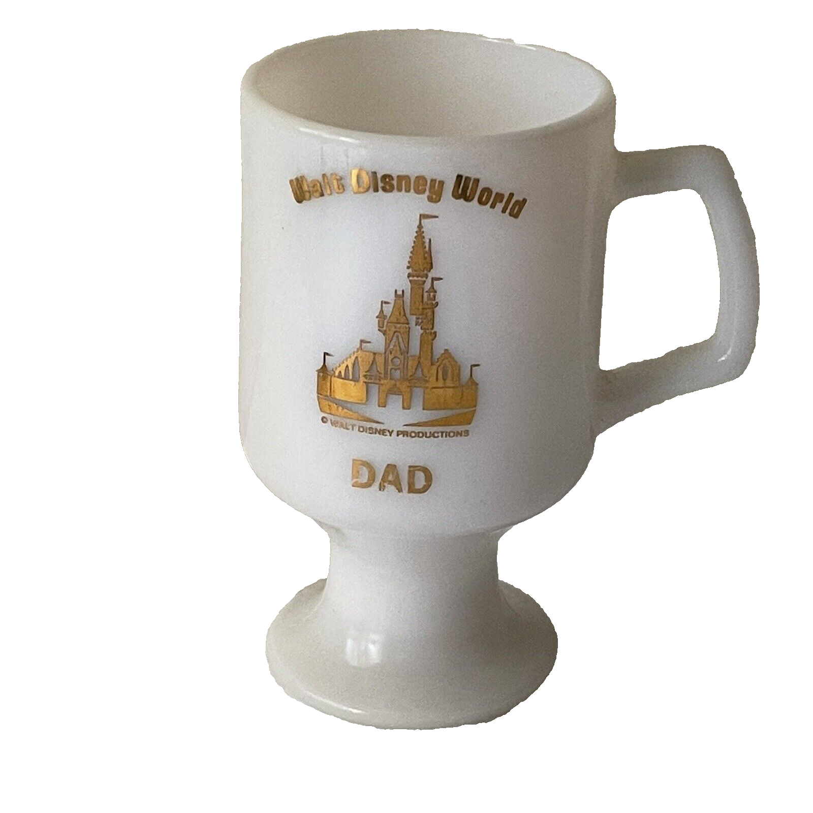 WALT DISNEY WORLD DAD MUG WHITE MILK GLASS PEDESTAL GOLD CASTLE DESIGN VINTAGE - $7.00