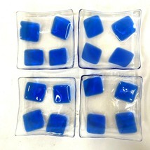 Sushi Appetizer Snack Plate Dish Set of 4 Glass Modern Clear Blue Square 3.5” - £31.64 GBP