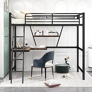 Twin Loft Bed With Desk And Shelves For Kids Teens, Metal Loft Bed Frame... - $443.99