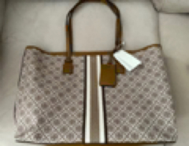 NEW TORY BURCH MONOGRAM COATED CANVAS TOP ZIP TOTE Granola NWT - $328.00