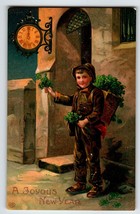 New Year Postcard Boy Four Leaf Clovers Clock Midnight EAS Germany Unposted - £13.60 GBP