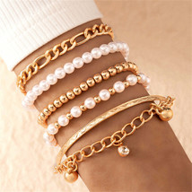 Cubic Zirconia &amp; Pearl 18K Gold-Plated Beaded Stretch Bracelet Set - £12.78 GBP