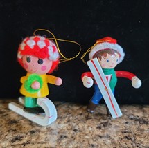 2 Boys Skiing Wooden Christmas Ornaments Hand Painted Vintage Taiwan 3&quot; T READ - $7.91